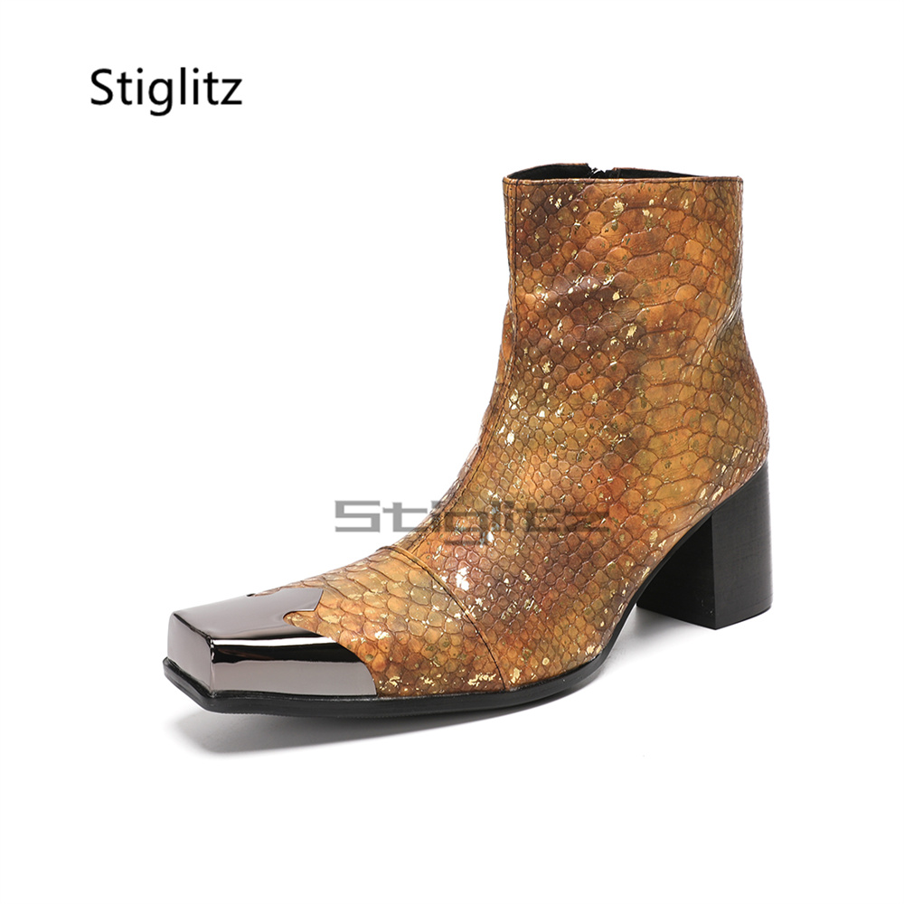 Block Heel Ankle Boots - أحذية كاحل للرجال بنقشة جلد الثعبان