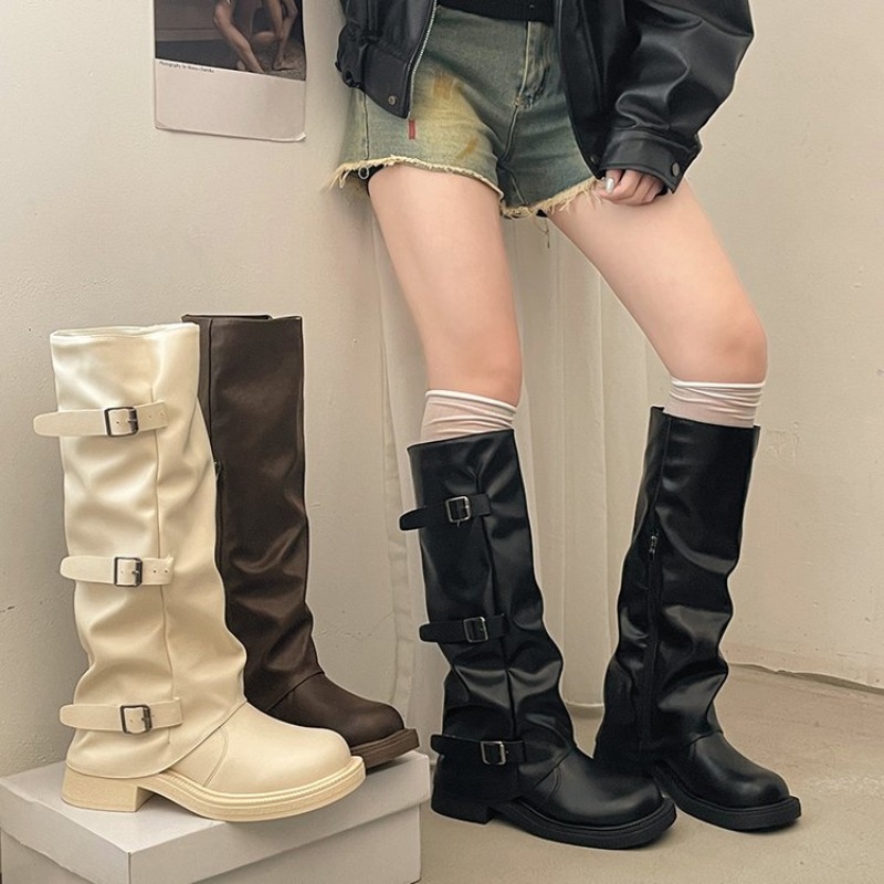 Block Heel Ankle Boots - أحذية نسائية برباط مطوي من الجلد