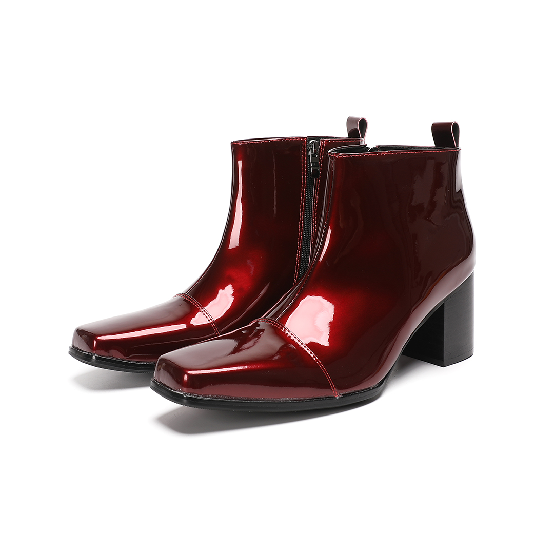 Block Heel Ankle Boots - حذاء رجالي أحمر من الجلد الطبيعي