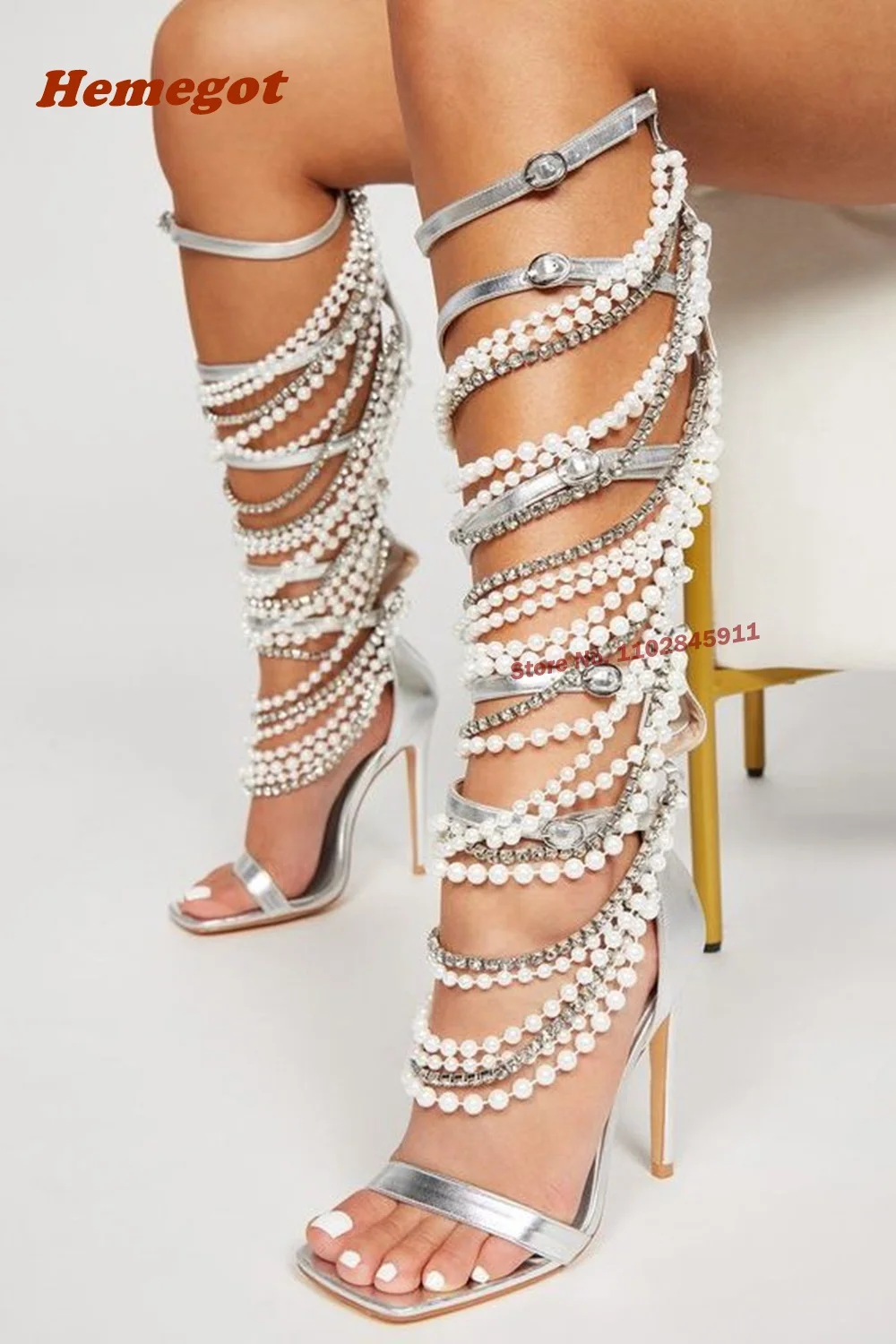 Women Shoes Zipper - اللؤلؤ سلسلة معدنية الصنادل شرابة بلورات