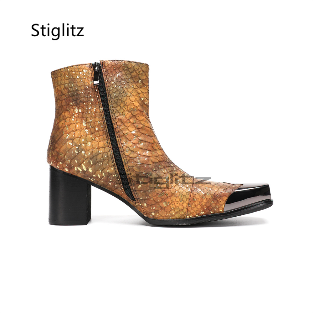 أحذية كاحل للرجال بنقشة جلد ال - مراجعة Block Heel Ankle Boots وسعره
