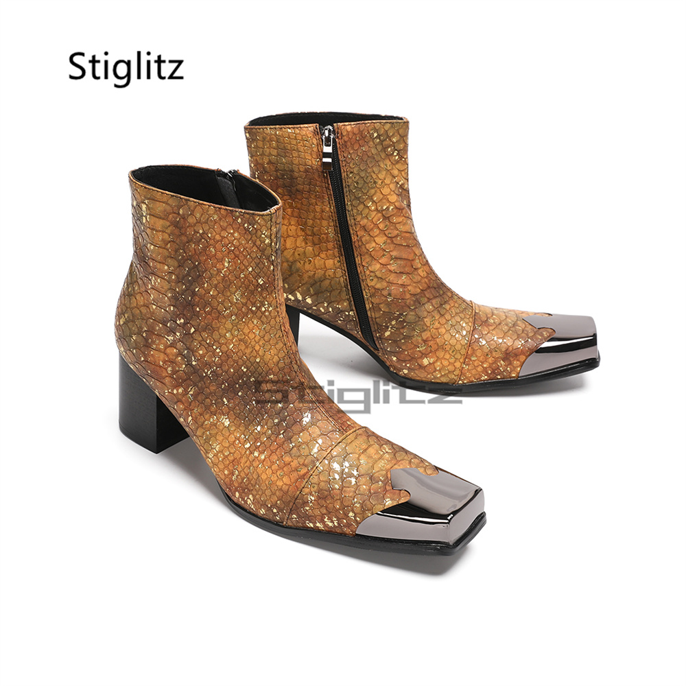 أحذية كاحل للرجال بنقشة جلد ال - مراجعة Block Heel Ankle Boots وسعره